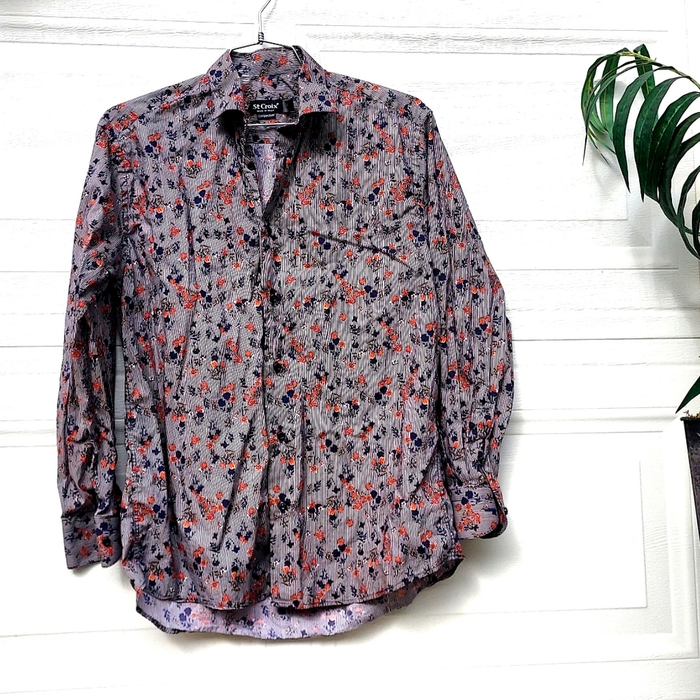 St. Croix Italian Men's Floral Dress Shirt - Blue And Rust Size S